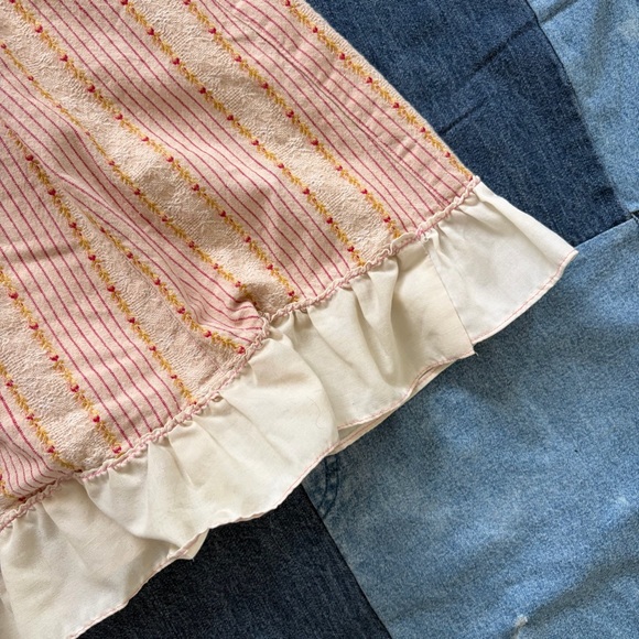 vtg 70s dress ruffle hem deep vneck striped embroidered pink cream green - Picture 3 of 11